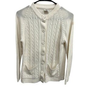 Vintage Lady Archdale White Cable Knit Button-Up Cardigan With Pockets